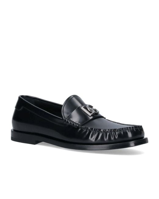 Dolce & Gabbana Black Logo-Plaque Gathered Detailed Loafers for men