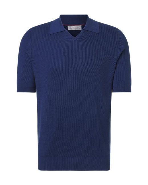 Brunello Cucinelli Blue Ribbed-Knit Cotton Polo Shirt for men