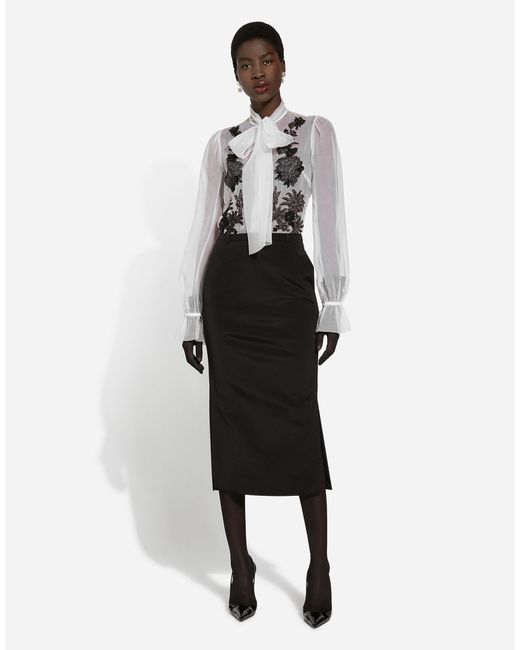 Dolce & Gabbana White Lace Patch Pussy-Bow Shirt