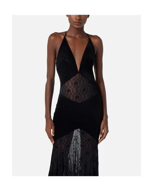 Elisabetta Franchi Black Semi-Sheer Tulle Long Dress
