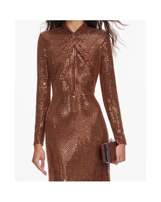 Self-Portrait Brown Rhinestone-Embellished Long-Sleeve Midi Dress