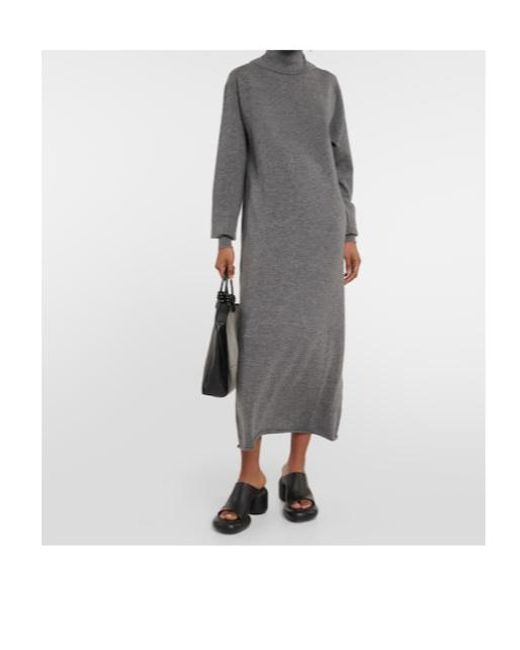 Jil Sander Gray Cashmere Turtleneck Midi Dress