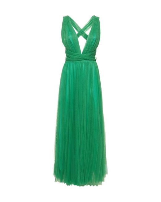 Maria Lucia Hohan Green Pleated Tulle Midi Dress W/ Low Back