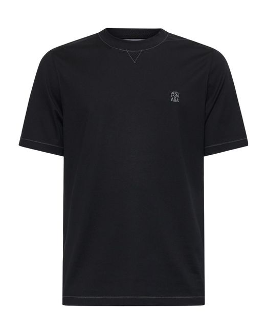 Brunello Cucinelli Black Logo Embroidered Crewneck T-Shirt for men