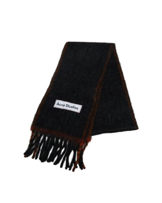 Acne Black Logo Patch Fringed Edge Scarf