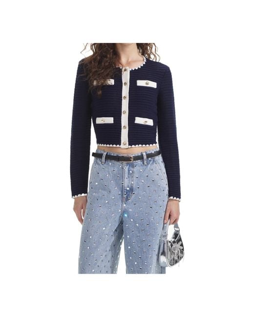 Self-Portrait Blue Cropped Crochet Cardigan