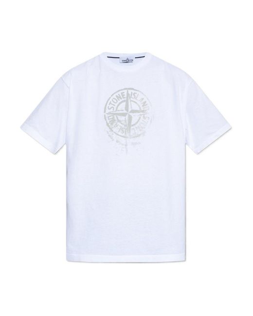 Stone Island White Logo Printed Crewneck T-Shirt for men