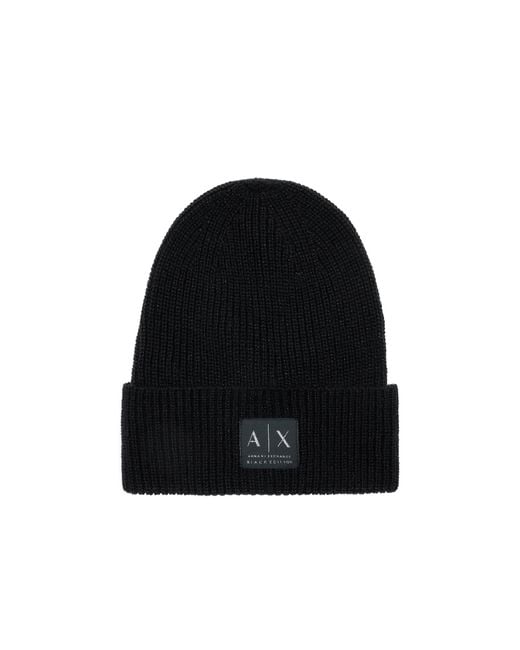 ARMANI EXCHANGE Black Logo Patch Knitted Beanie