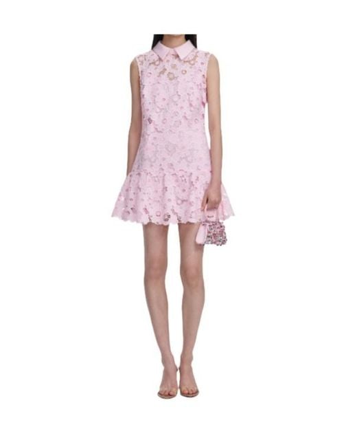 Self-Portrait Pink Embellished-Trim Lace Mini Dress
