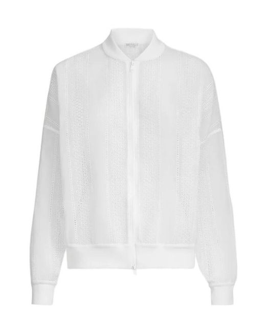 Brunello Cucinelli White Cotton Organza Broderie Anglaise Bomber Jacket With Zip And Monili