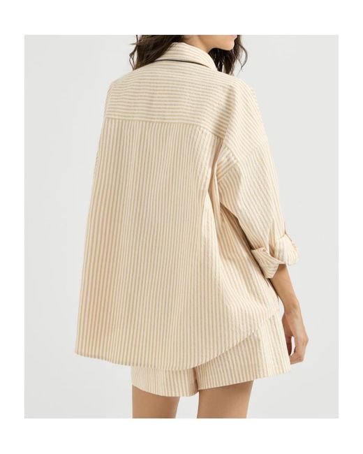 Brunello Cucinelli Natural Techno-Cotton Striped Seersucker Shirt With Monili