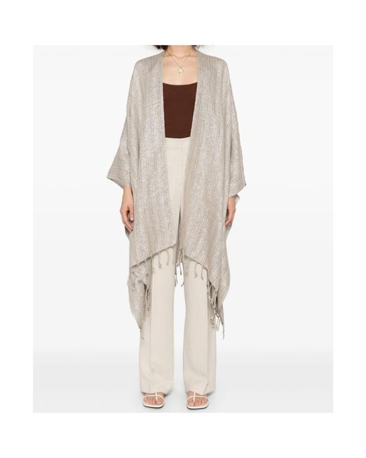 Brunello Cucinelli Natural Striped Sparkling Fringed Poncho