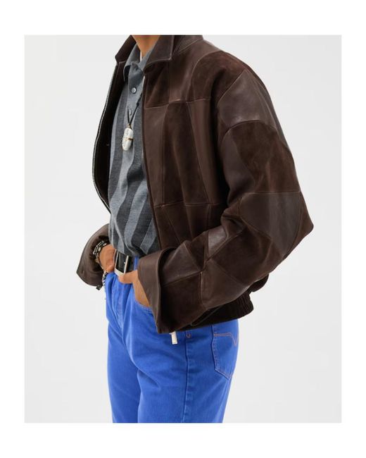 Versace Brown Geometric Panelled Leather Jacket for men