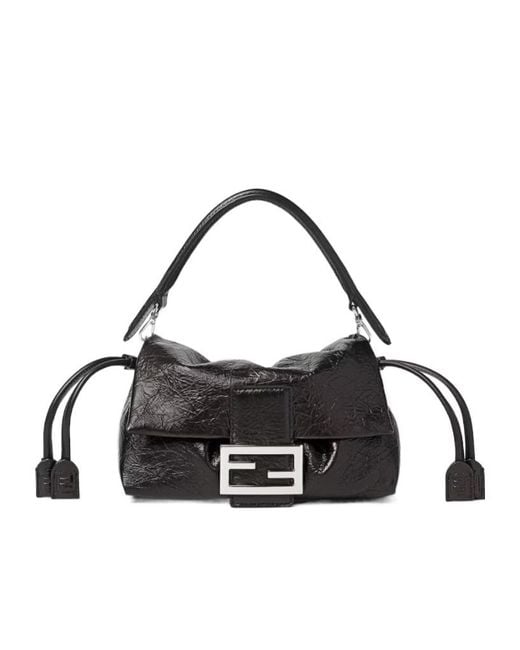 Fendi Black Baguette Soft Small Crackled Leather Mini-Bag