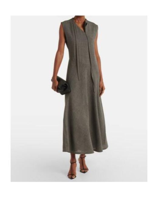 Jil Sander Gray Tie-Neck Virgin Wool Canvas Midi Dress