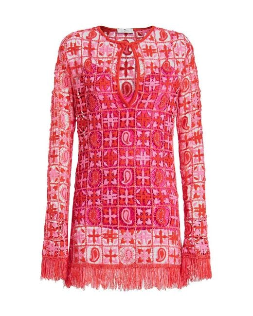 Etro Red Mini Knit Dress With Fringes