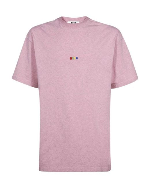 MSGM Pink Logo Embroidered Crewneck T-Shirt for men