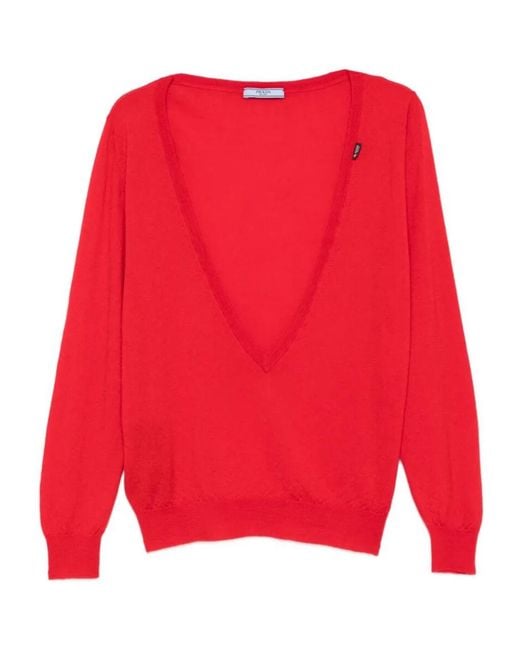 Prada Red Cashmere V-Neck Sweater