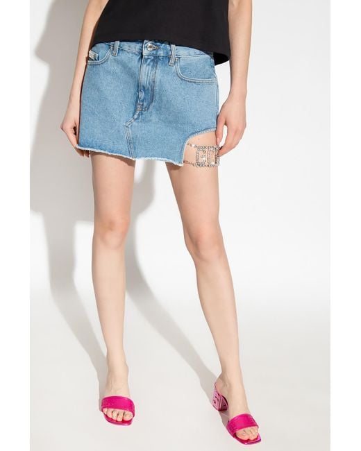 Gcds Blue Logo Embellished Cut-Out Denim Skirt