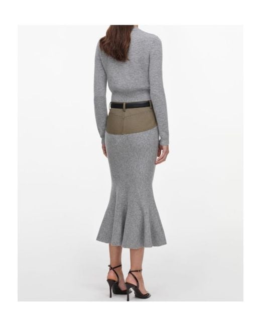 Self-Portrait Gray Knit Khaki Denim Insert Midi Skirt