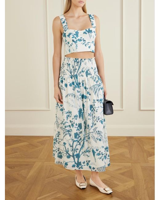 Erdem Blue Crop Floral-Print Cotton And Linen-Blend Top