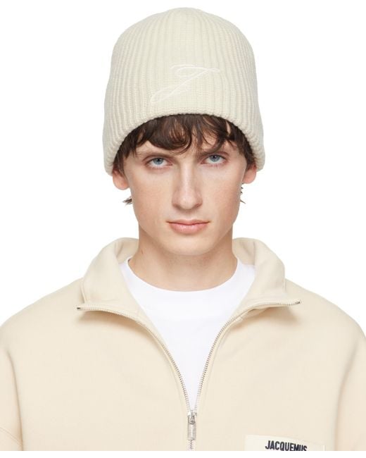 Jacquemus White Ribbed Beanie for men
