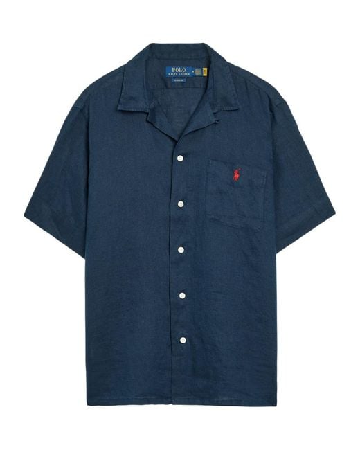 Polo Ralph Lauren Blue Logo-Embroidered Linen Shirt for men