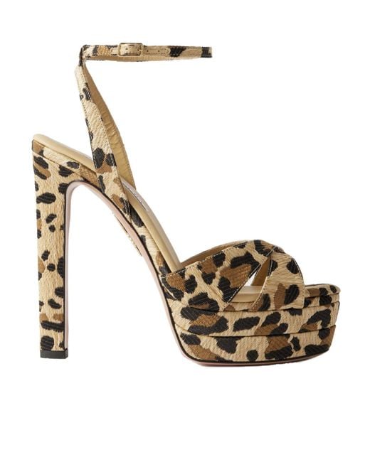 Aquazzura Metallic Leopard-Print Raffia Platform Sandals