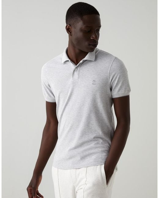 Brunello Cucinelli White Embroidered Logo Polo Shirt for men
