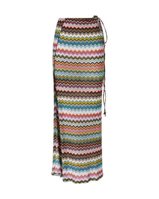 Missoni Green Pixel-Effect Micro Zigzag Pattern Lamé Viscose Long Pareo Skirt