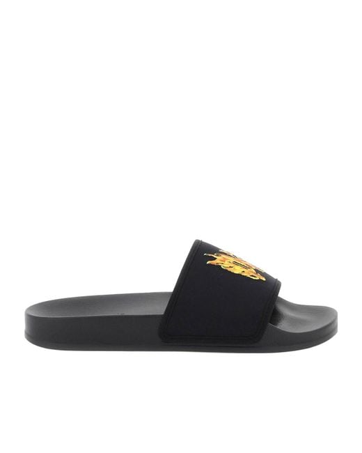 Palm Angels Black Flame Monogram Printed Round Toe Slides for men