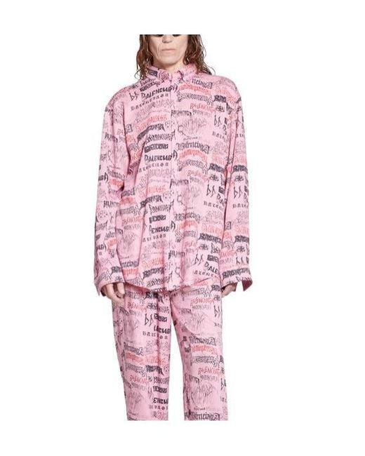 Balenciaga Pink Allover Logo Printed Oversized Shirt