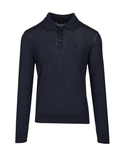 Etro Blue Polo-Style Wool And Silk Sweater for men