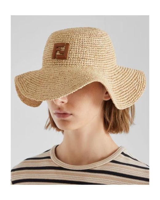Fendi Natural Ff Patch Wide-Brimmed Woven Hat
