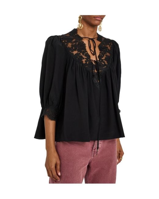 Chloé Black Lace-Trimmed Silk Blouse