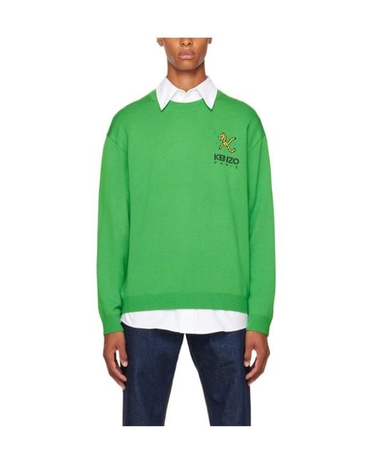 KENZO Green Logo Embroidered Crewneck Sweater for men