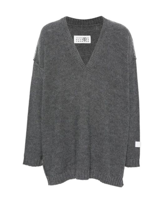 MM6 by Maison Margiela Gray Logo Patch V-Neck Jumper