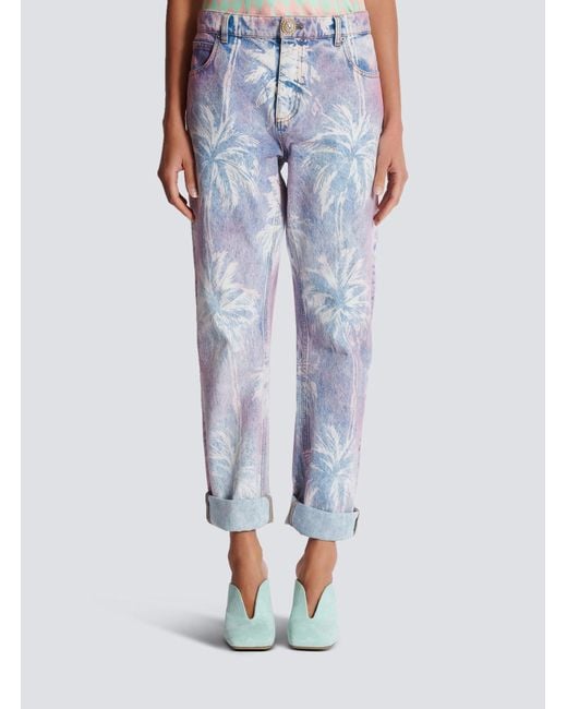 Balmain Blue Palm Tree Denim Boyfriend Jeans