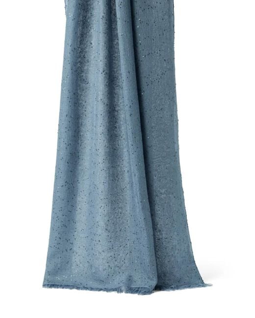 Brunello Cucinelli Blue Sequin Embellished Frayed Edge Scarf