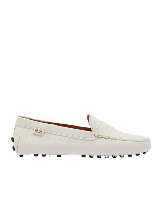 Tod's White Gommino Grained Leather Loafers