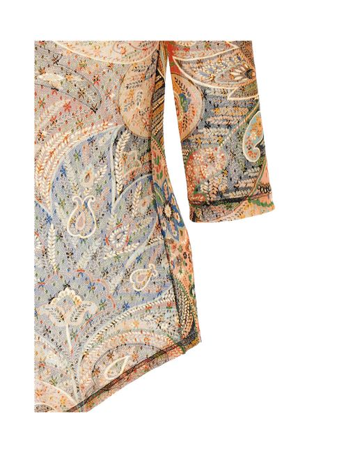 Etro Natural Paisley Foliage Print Tulle Bodysuit
