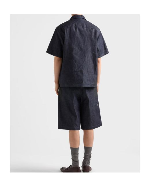 Prada Blue Short-Sleeved Chambray Denim Shirt for men