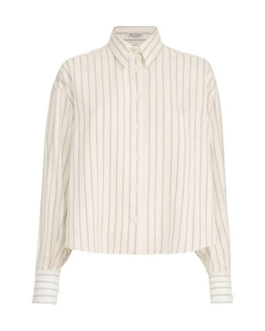 Brunello Cucinelli White Silk Stripe Poplin Shirt