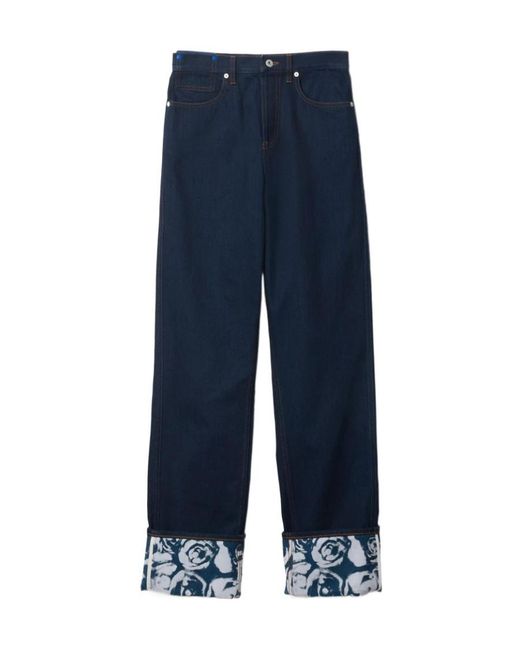 Burberry Blue Logo-Patch Straight-Leg Turn-Up Hem Jeans