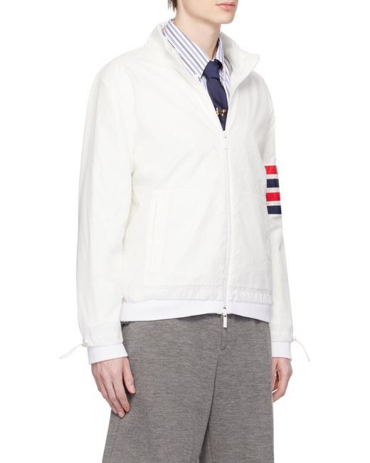 Thom Browne White Bar Striped Zipped Ripstop Jacket for men