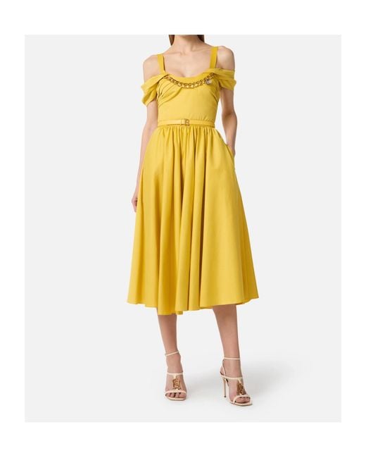 Elisabetta Franchi Yellow Jewel-Chain Off-Shoulder Midi Dress