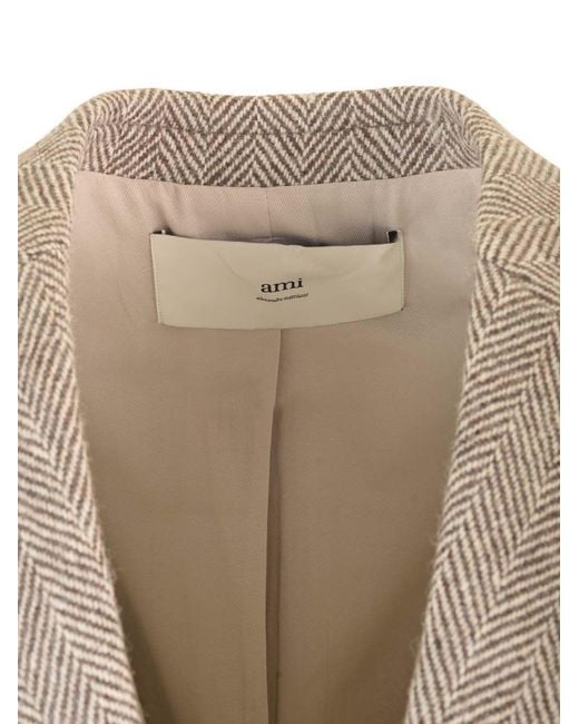 AMI Natural Herringbone Button-Up Coat for men