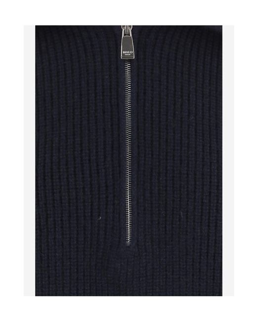 Malo Blue Ribbed Half-Zip Knitted Sweater