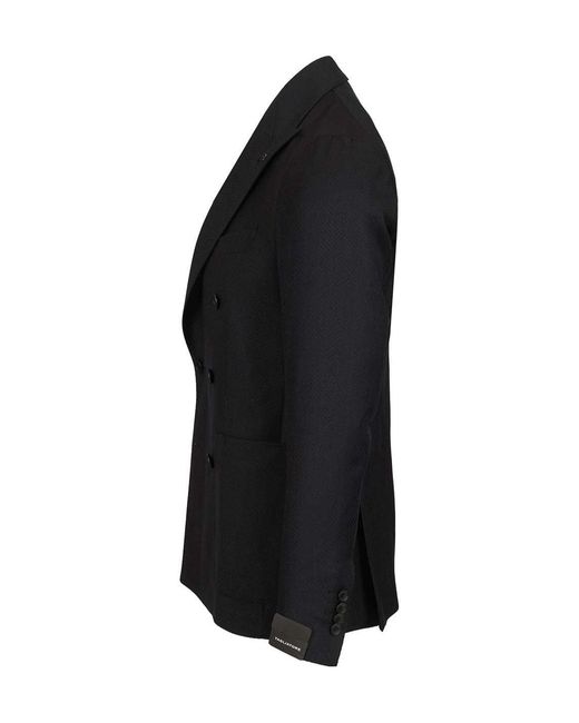 Tagliatore Black Double-Breasted Herringbone Blazer for men