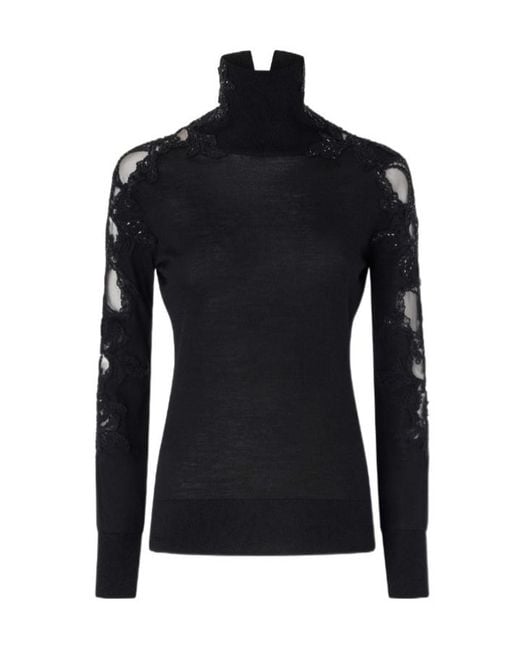 Ermanno Scervino Black Long-Sleeved Virgin Wool Turtleneck Sweater With Lace And Crystals